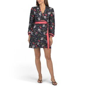 CELINA MOON Navy Long Sleeve Swan Embroidered Print Wrap Mini Dress